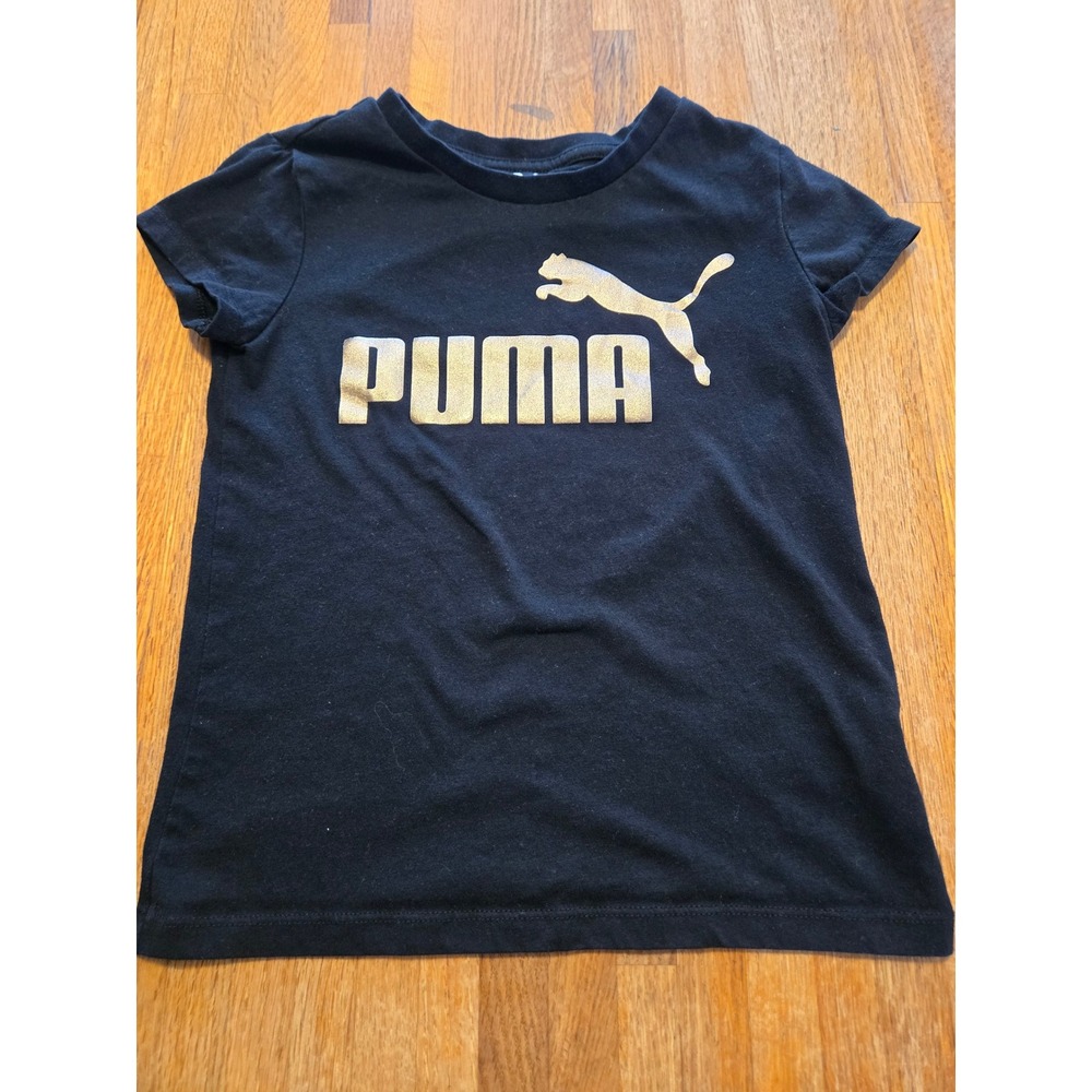 Puma Girls S (6/7)‎ Black Rose Gold Metallic Graphic Logo Crew Neck Tee Shirt